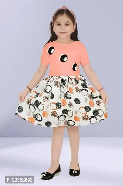 Fabulous Peach Cotton Blend Printed Dress For Girls-thumb0