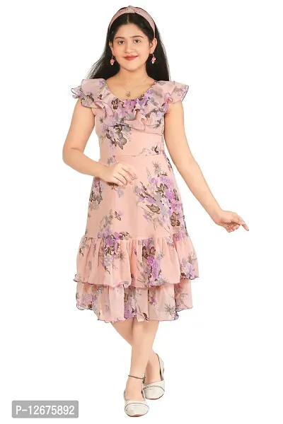 Fabulous Peach Georgette Self Pattern A-Line Dress For Girls