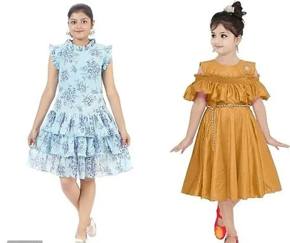 Stylish Fancy Crepe Midi-Knee Length Frocks Party Dresses Combo For Girls Pack Of 2