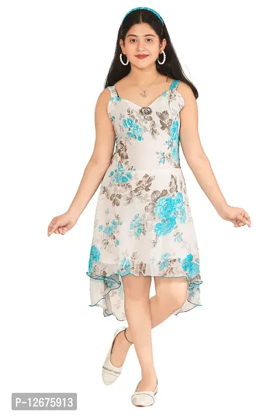 Fabulous Blue Georgette Self Pattern A-Line Dress For Girls-thumb0