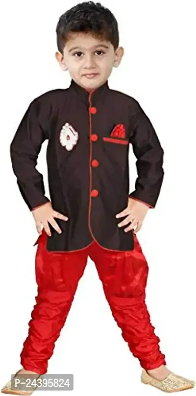 SKDC Kids Festive Sherwani Set For Boys(Black And Red,Cotton Silk,)