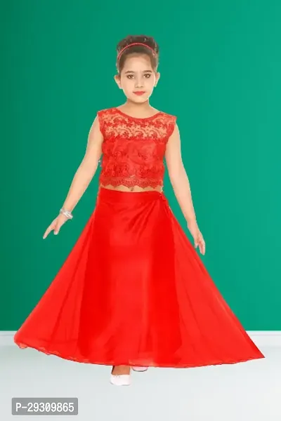 Stylish Red Net Self Pattern Top With Bottom Set For Girl