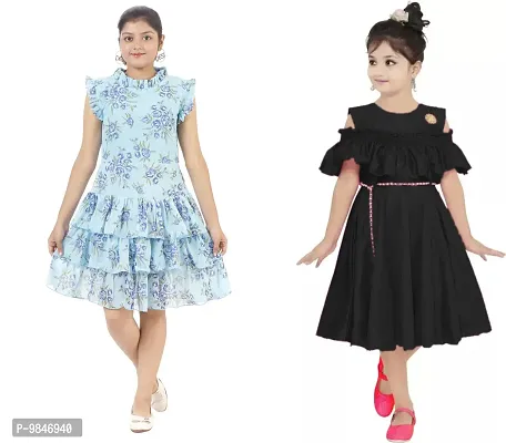 Pretty Crepe Self Pattern A-Line Dress Combo For Baby Girls And Kids Pack Of 2