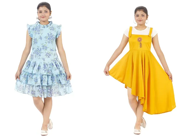 Stylish Fancy Crepe Midi-Knee Length Frocks Party Dresses Combo For Girls Pack Of 2