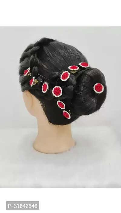 Stylish  Hair Pins and Gajra Bun Accessories with Artificial Flower Rose Puff | 6 cm | Pack of 12 Pcs ) (Red)-thumb3