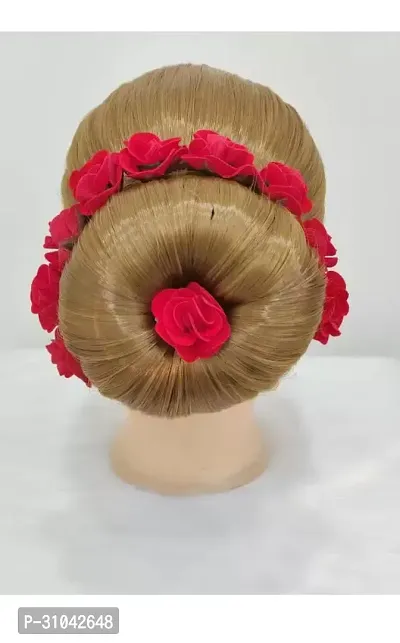 Stylish  Hair Pins and Gajra Bun Accessories with Artificial Flower Rose Puff | 6 cm | Pack of 4 Pcs ) (Red)-thumb2