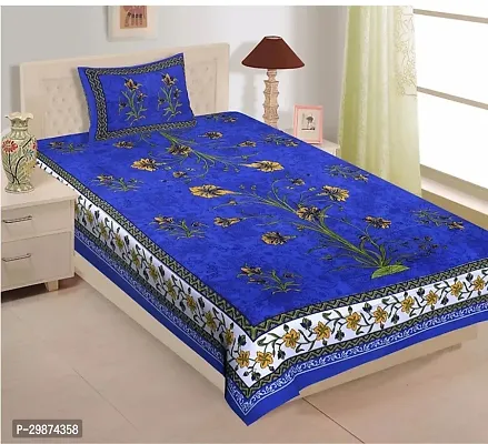 Stylish Blue Cotton Printed One Double Bedsheet With Two Pillowcovers