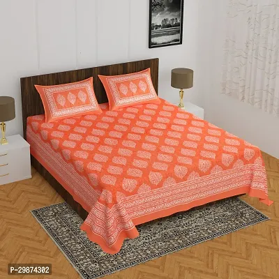 Stylish Orange Cotton Printed One Double Bedsheet With Two Pillowcovers-thumb0