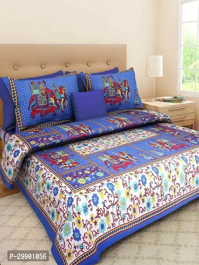 Stylish Blue Cotton Printed Double Bedsheet With 2 Pillowcovers-thumb0