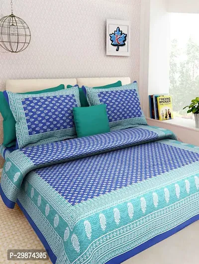 Stylish Blue Cotton Printed One Double Bedsheet With Two Pillowcovers