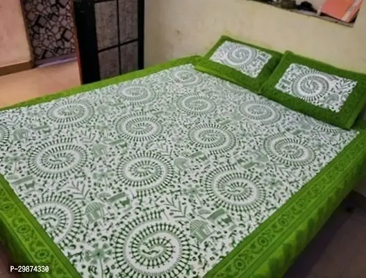 Stylish Green Cotton Printed One Double Bedsheet With Two Pillowcovers-thumb2