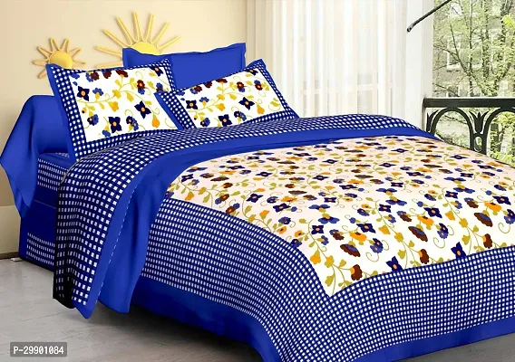 Stylish Blue Cotton Printed Double Bedsheet With 2 Pillowcovers