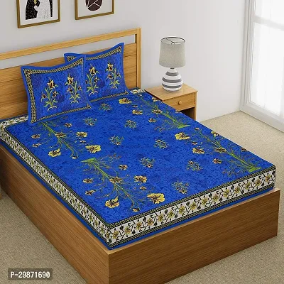 Beautiful Blue Cotton Printed Double 70 Bedsheet + 2 Pillowcovers-thumb0