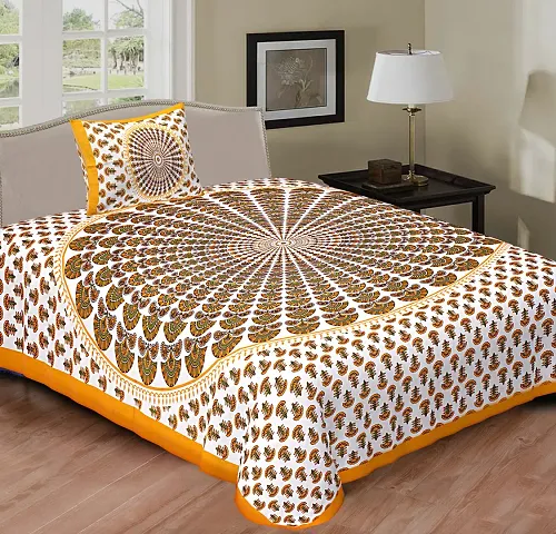 Jaipuri Store Cotton Bed Sheet for Single Bed / Diwan Bedsheet with One Pillow Cover Size 60 x 90 Inch White Yellow