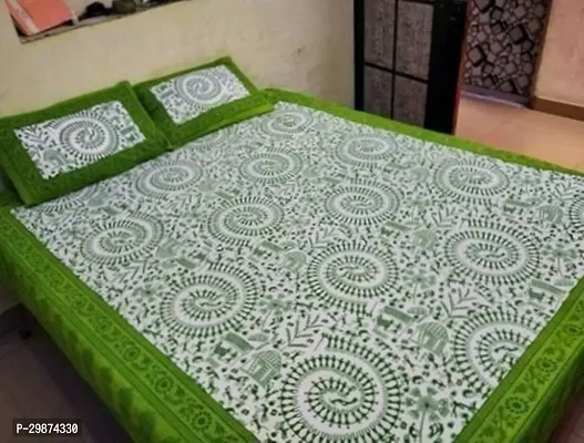 Stylish Green Cotton Printed One Double Bedsheet With Two Pillowcovers-thumb0