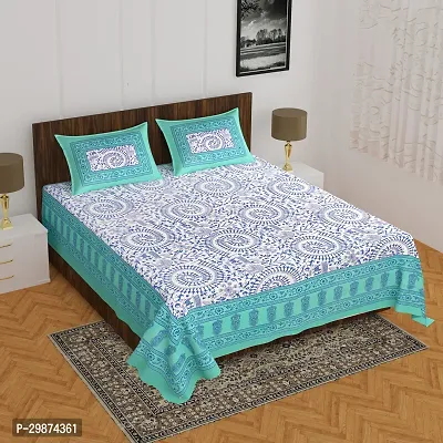 Stylish Green Cotton Printed One Double Bedsheet With Two Pillowcovers-thumb0