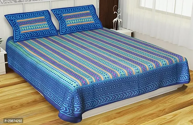 Stylish Blue Cotton Printed One Double Bedsheet With Two Pillowcovers-thumb0