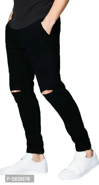 Men's Denim Black Knee Cut Slim Fit Jeans-thumb3