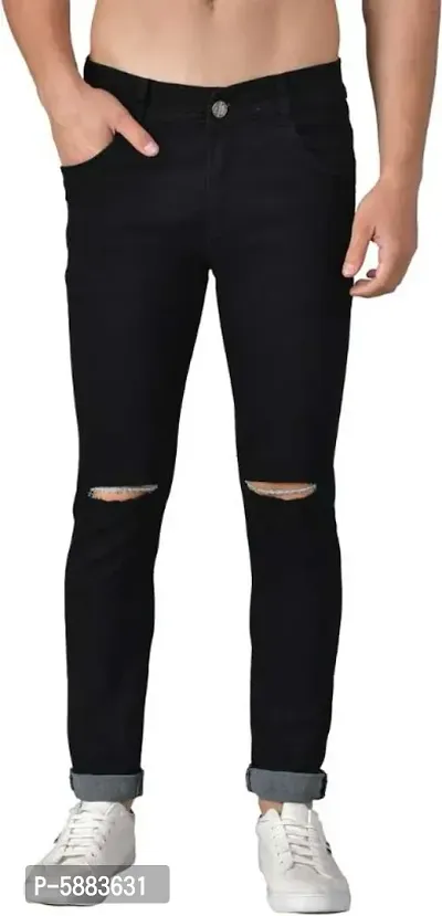 Men Black Knee Cut Slim Fit Jeans-thumb0