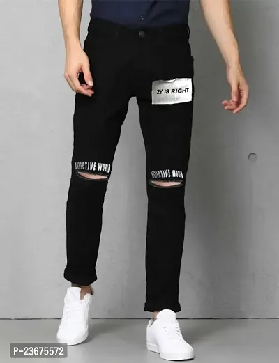 Stylish Men Black Printed Knee Cut Slim Fit Jeans