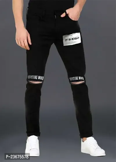 Stylish Men Black Printed Knee Cut Slim Fit Jeans-thumb0