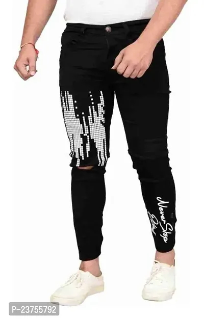 Stylish Men Black Printed Knee Cut Slim Fit Jeans