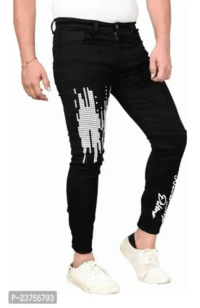 Stylish Men Black Printed Knee Cut Slim Fit Jeans-thumb0