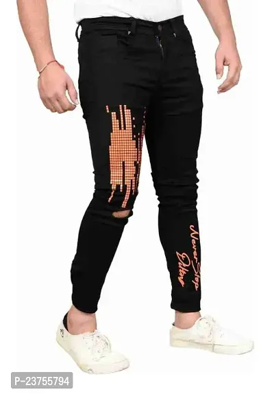 Stylish Men Black Printed Knee Cut Slim Fit Jeans-thumb0