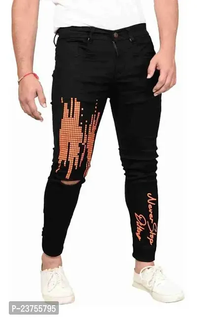 Stylish Men Black Printed Knee Cut Slim Fit Jeans-thumb0