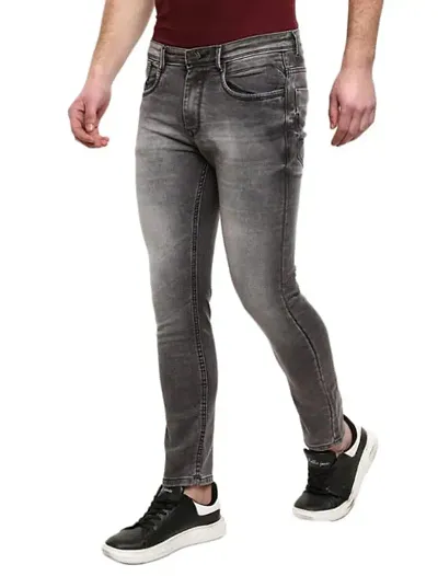 Stylish Denim Solid Grey Slim Fit Jeans For Men