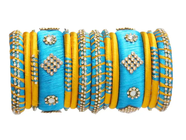 Beniwal Fashion Traditional Handmade Kundan Silk Thread Bangles Set Latest Beautiful Churiya for Ladies and girls Party and Casual Wear (Set of 14)