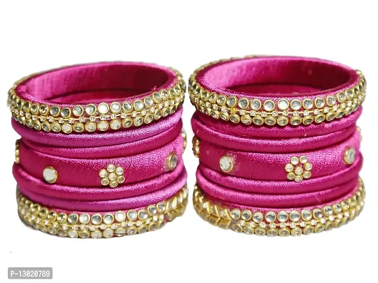 Beniwal Fashion Collcetion Handmade Silk Thread Bangles,Round Kundan Full Worked Choora Set for women and Girls (Set of 14) (Pink, 2.4)-thumb0