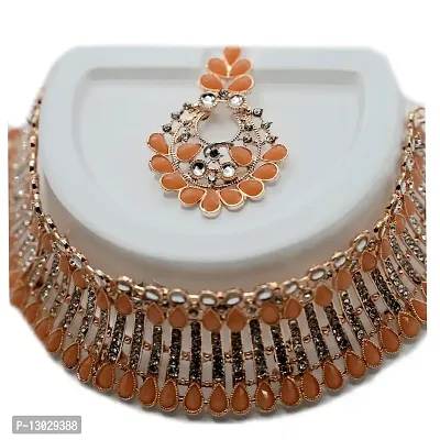 Beniwal Collection Gold Plated Diamond Necklace Set For Women and Girls , Peach-thumb4