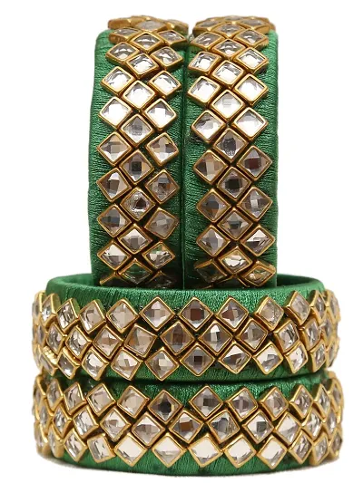 Beniwal Handmade Silk Thread Beautiful Handcrafts Kundan Stone set For Women & Girls (Pack of 4) (Green, 2.2)