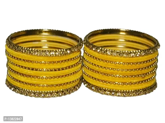 Beniwal Fashion Black Metal Velvet Bangles Set With Golden Kada & Dot Chudi Wedding Chura/Bridal Chuda For Women & Girls (Set Of 32 Bangles) (Yellow, 2.10)-thumb0