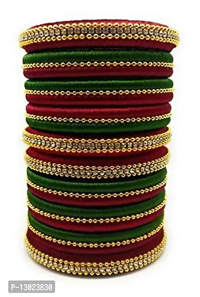 Beniwal Traditional Silk Thread Bangles Set for women and Girls (Pack of 16), Green/Mahroon, 2.10