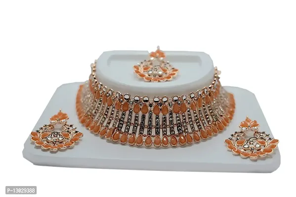 Beniwal Collection Gold Plated Diamond Necklace Set For Women and Girls , Peach-thumb0