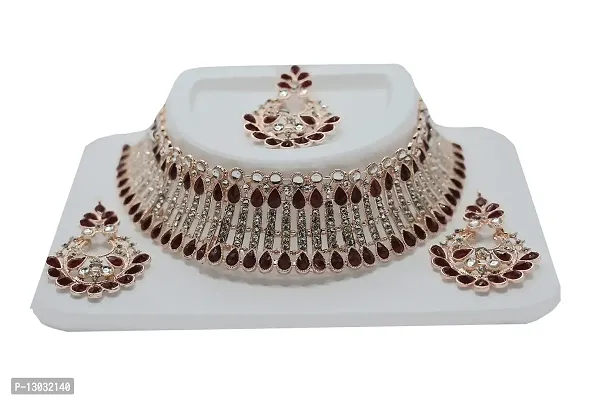 Beniwal Collection Gold Plated Diamond Necklace Set For Women and Girls , Mehroon