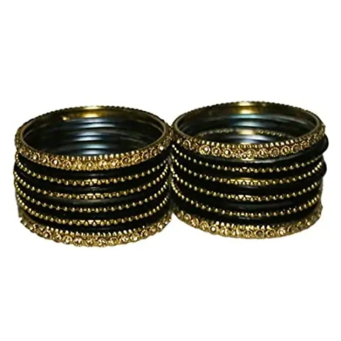 Beniwal Fashion Metal Velvet Bangles Set With Kada & Dot Chudi Wedding Chura/Bridal Chuda For Women & Girls (Set Of 32 Bangles) (Black, 2.10)