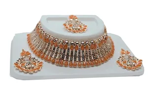 Beniwal Collection Gold Plated Diamond Necklace Set For Women and Girls , Peach-thumb1