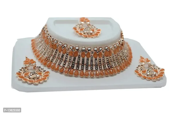 Beniwal Collection Gold Plated Diamond Necklace Set For Women and Girls , Peach-thumb2