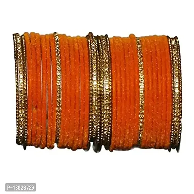 Beniwal Fascinating Gold Plated Brass Kada & Dot Chudi With Velvet Metal Bangles Set for women & Girls, Wedding Chura/Bridal Choora Set (Pack of 2) (Orange, 2.4)