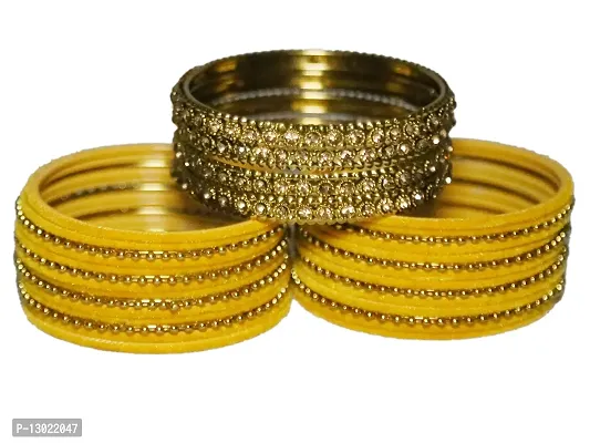 Beniwal Fashion Black Metal Velvet Bangles Set With Golden Kada & Dot Chudi Wedding Chura/Bridal Chuda For Women & Girls (Set Of 32 Bangles) (Yellow, 2.10)-thumb2