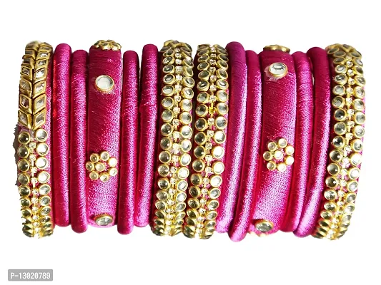 Beniwal Fashion Collcetion Handmade Silk Thread Bangles,Round Kundan Full Worked Choora Set for women and Girls (Set of 14) (Pink, 2.4)-thumb3