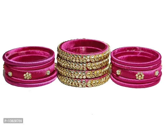 Beniwal Fashion Collcetion Handmade Silk Thread Bangles,Round Kundan Full Worked Choora Set for women and Girls (Set of 14) (Pink, 2.4)-thumb2