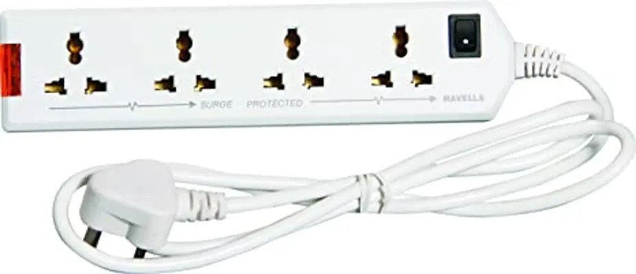 10V Heavy Duty 6A Four-Way 2400W Extension Board and Wire (White) -1.5 Meter