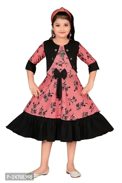 JUHI FASHIONS Floral Printed Frock For Girls (4-5 Years) Peach, Knee-Length