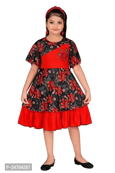 JUHI FASHIONS Floral Printed Frock For Girls (2-3 Years) Red, Knee-Length