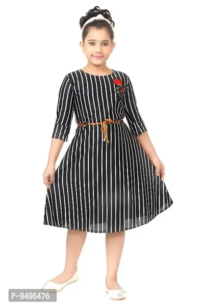 Stylish Black Acrylic Striped A-Line Dress For Girl-thumb0