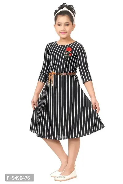 Stylish Black Acrylic Striped A-Line Dress For Girl-thumb2